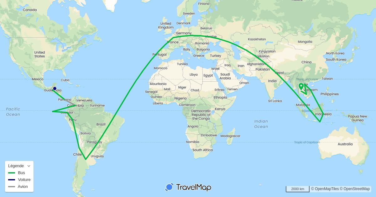 TravelMap itinerary: driving, bus, plane in Argentina, Belize, Chile, Colombia, Ecuador, France, Guatemala, Indonesia, Laos, Nicaragua, Peru, Thailand (Asia, Europe, North America, South America)